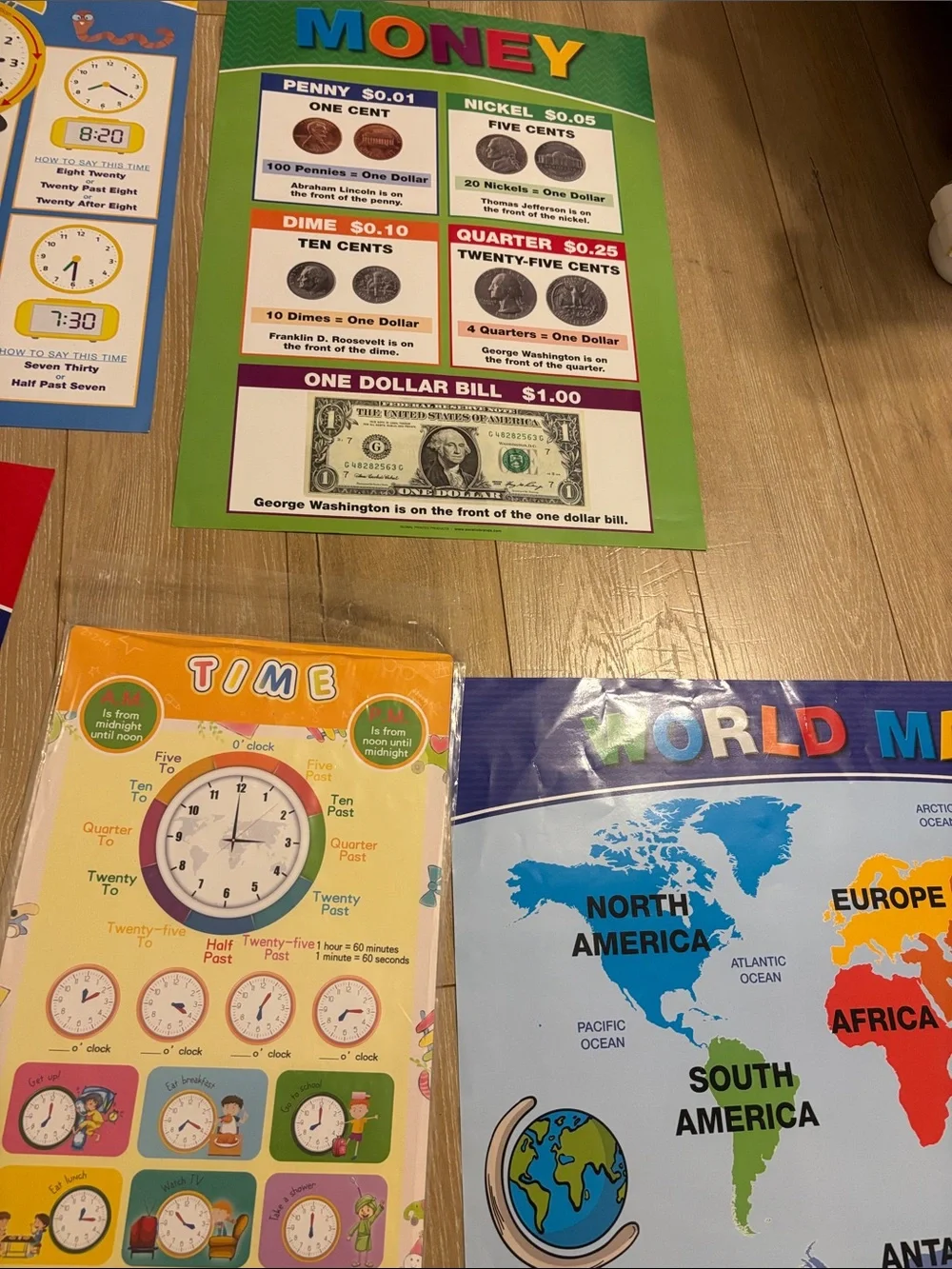 Kids Double sided educational posters  Time, Money & Math Learning Posters